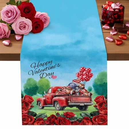 Valentine s Day Cotton Linen Table Runner Watercolor Red Truck Love Heart Rugby Balloons Red Rose Grass Dining Table Runners for Home Decor Party Dining Room Restaurant Kitchen Party 13 x 120