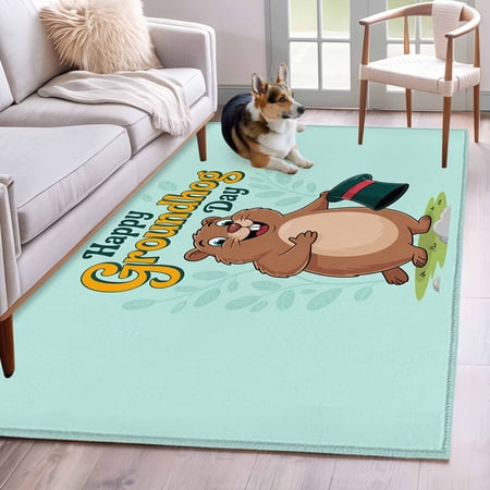 Hallway Runner Rugs 2.7x5 Ft Happy Groundhog Day Non Slip Area Rugs for Kitchen Bedroom Entryway Green Hat Spring Animals Mint Green Washable Carpet Runner Rug Floor Mats for Bedroom Home Decor