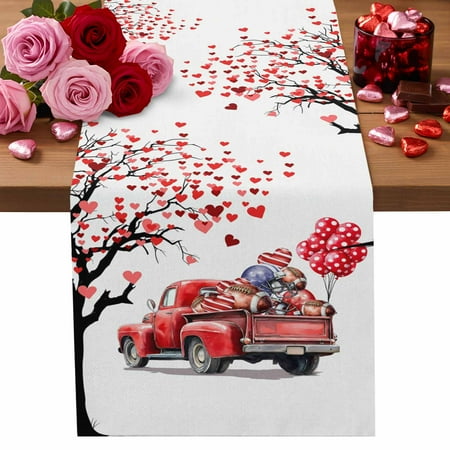 Valentine s Day Cotton Linen Table Runner Watercolor Red Truck Love Heart Tree Rugby Balloons Beige Dining Table Runners for Home Decor Party Dining Room Restaurant Kitchen Party 13 x 108