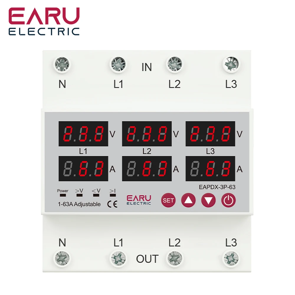 Dreiphasen-Spannungsstrom, einstellbar über Unterspannung, Strombegrenzungsschutz, Relaisschutz, 3 x 220 V, 380 V, 63 A, 100 A, DIN-Schiene Image