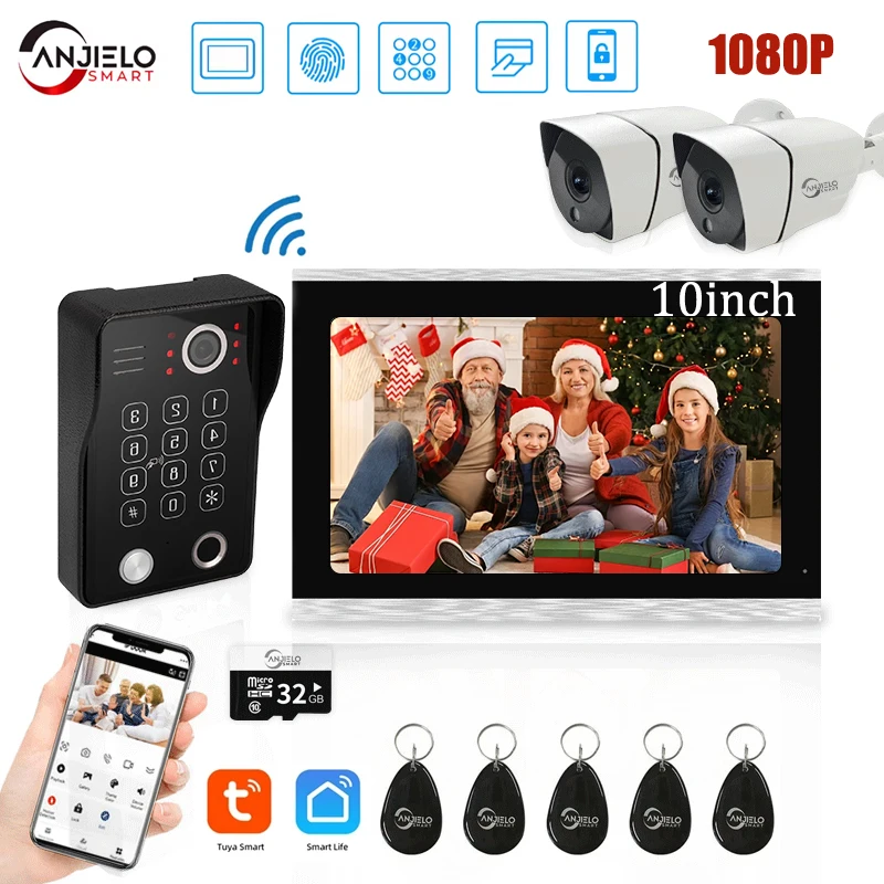 Video-Gegensprechanlage für die Türklingel zu Hause, 5-in-1-Entriegelung mit Fingerabdruck, WLAN-Türklingelsystem, Tuya Smart 1080P Touch-Monitor, Sicherheit Image
