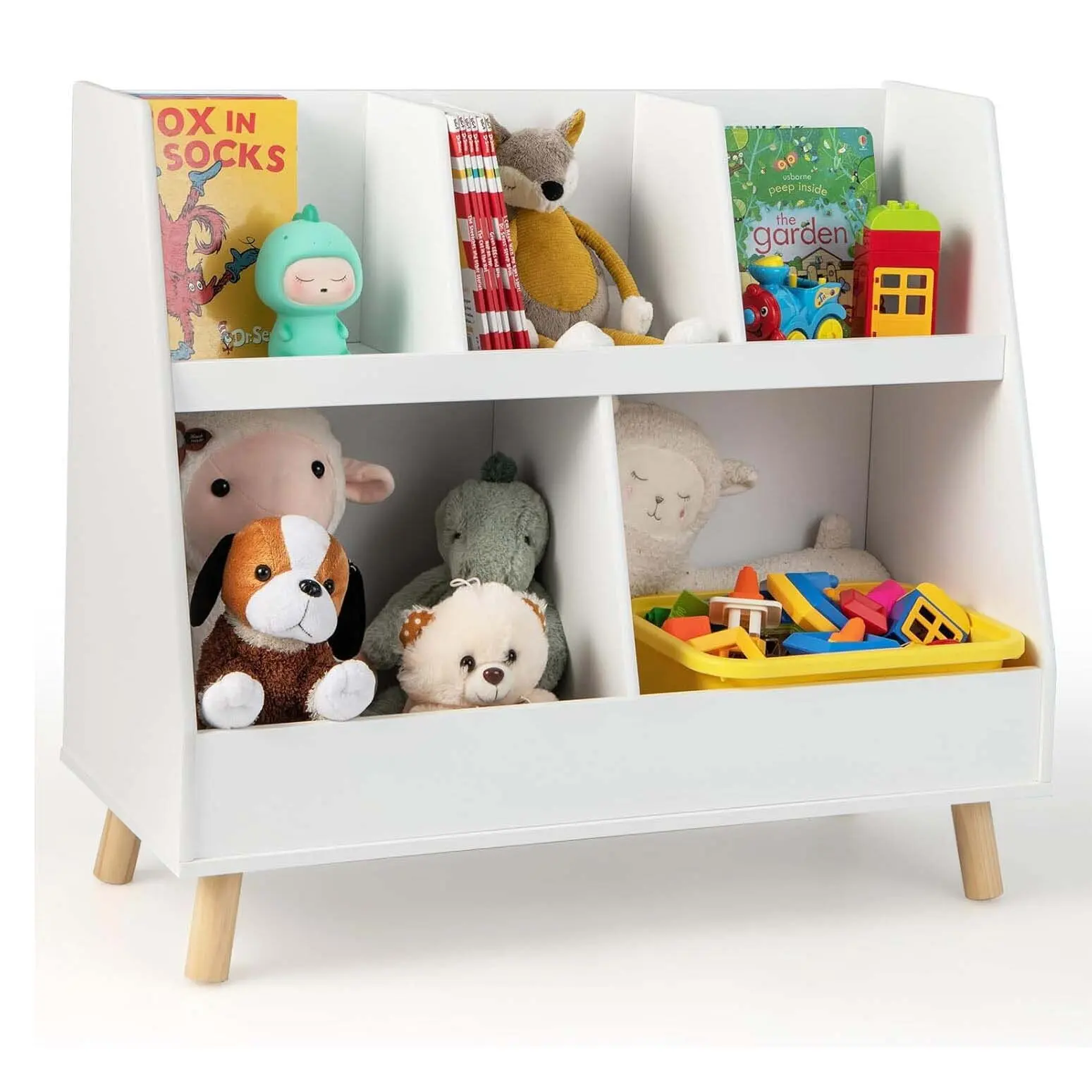 Kinderregal mit 5 offenen Fächern, Kinderbücherregal mit Beinen aus Massivholz und Neigungsschutz, Weiß