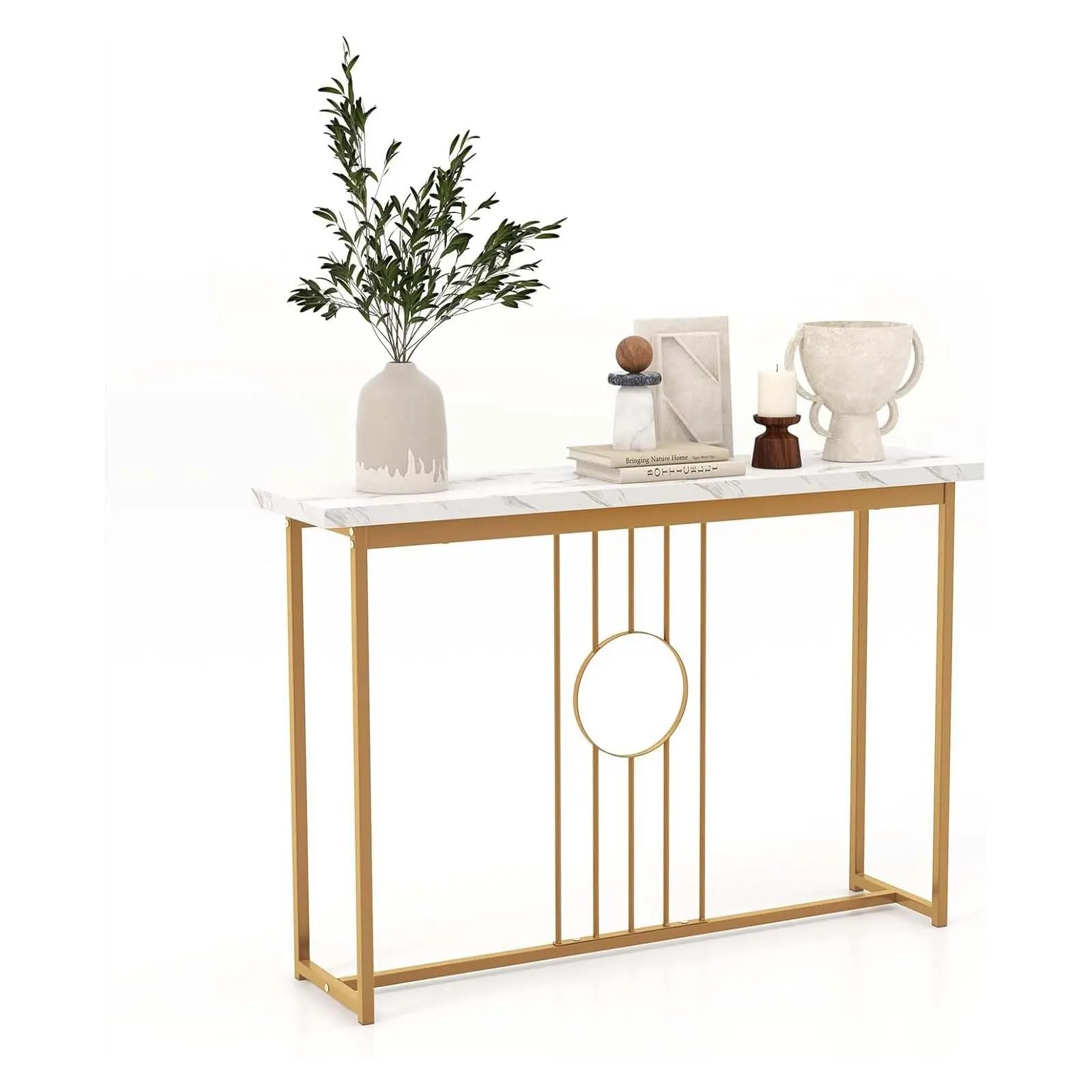 Konsolentisch im Marmoroptik, schmaler Beistelltisch mit Metallrahmen und verstellbaren Fußpolstern, Flurtisch, Sofatisch, modern Image