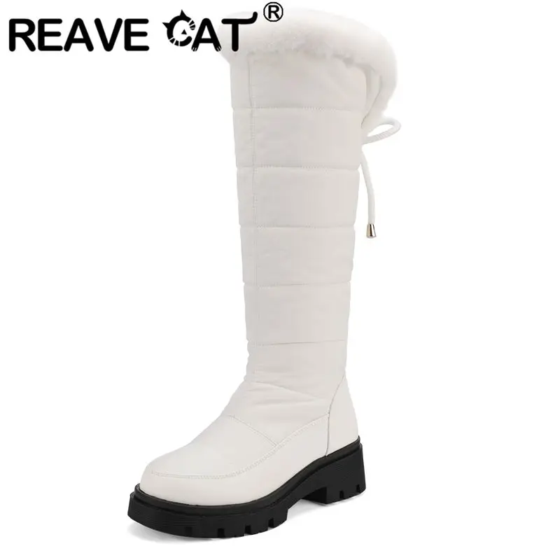 REAVE CAT2025 Kniehohe Stiefel, runde Zehen, 5 cm Blockabsatz, Schnürung, täglich, warm, Plüsch, Winter, Schneestiefel, große Größe 42 43 Herbst