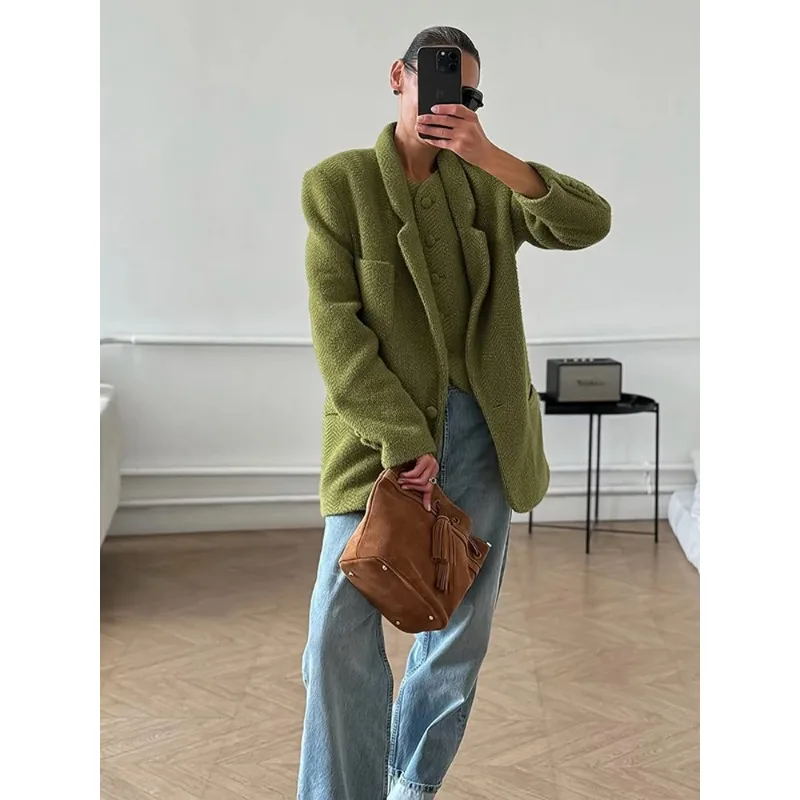 Frauen Grün Woolen Mantel Casual Solide Revers Kragen Langarm Single Button Kurze Jacke Winter Täglichen Highstreet Outer Neue