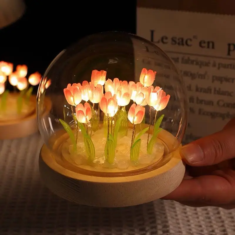 Künstliche Tulpe Nachtlicht mit transparenter Abdeckung, handgefertigte DIY Nachttischlampe, LED-Nachtlicht, Heimdekoration, Atmosphärenlicht