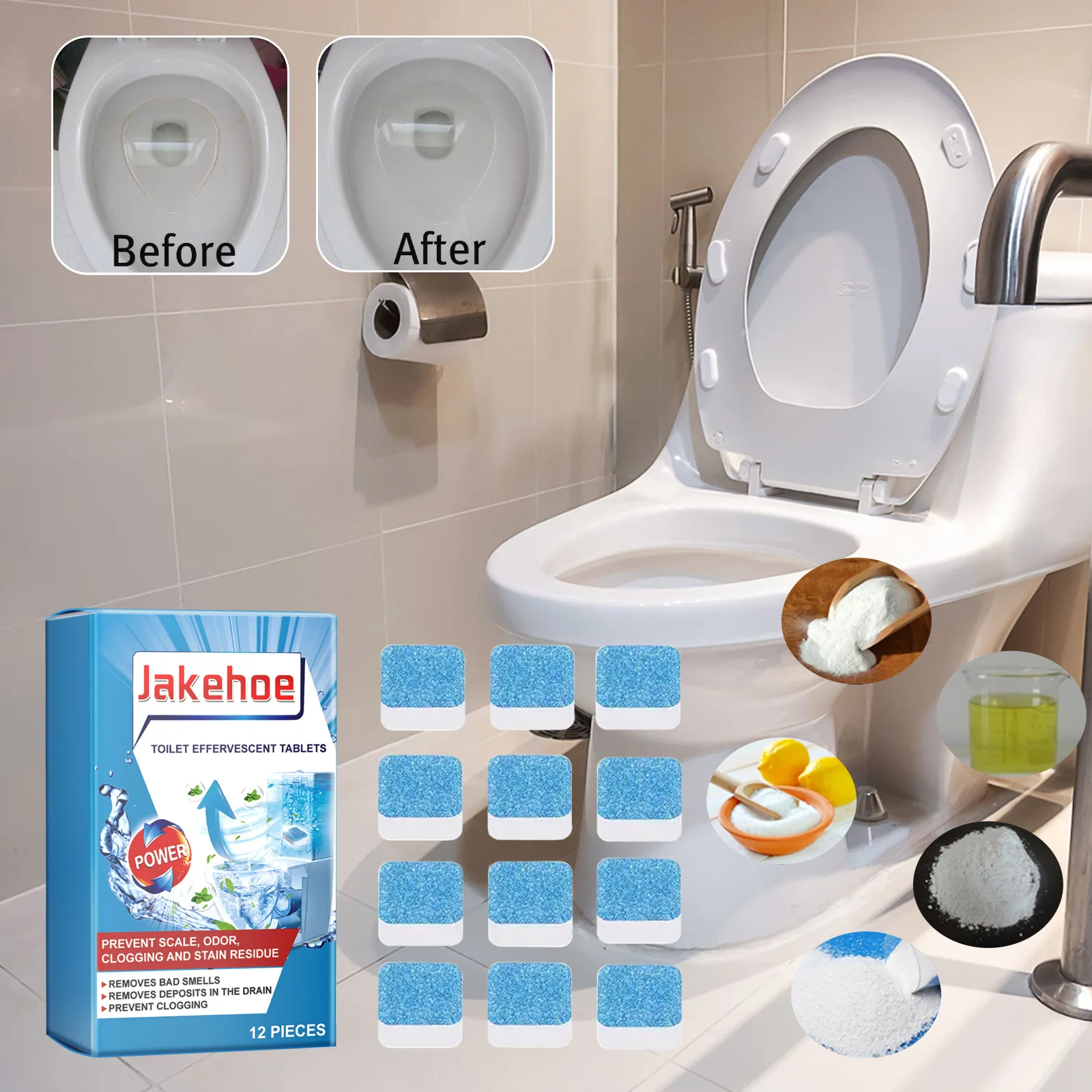 Jakehoe Toiletten-Brausetabletten, Toiletten-Urinflecken, Schmutzreinigung, desodorierender Geruch, Entkalkung des Toilettenreinigers Image