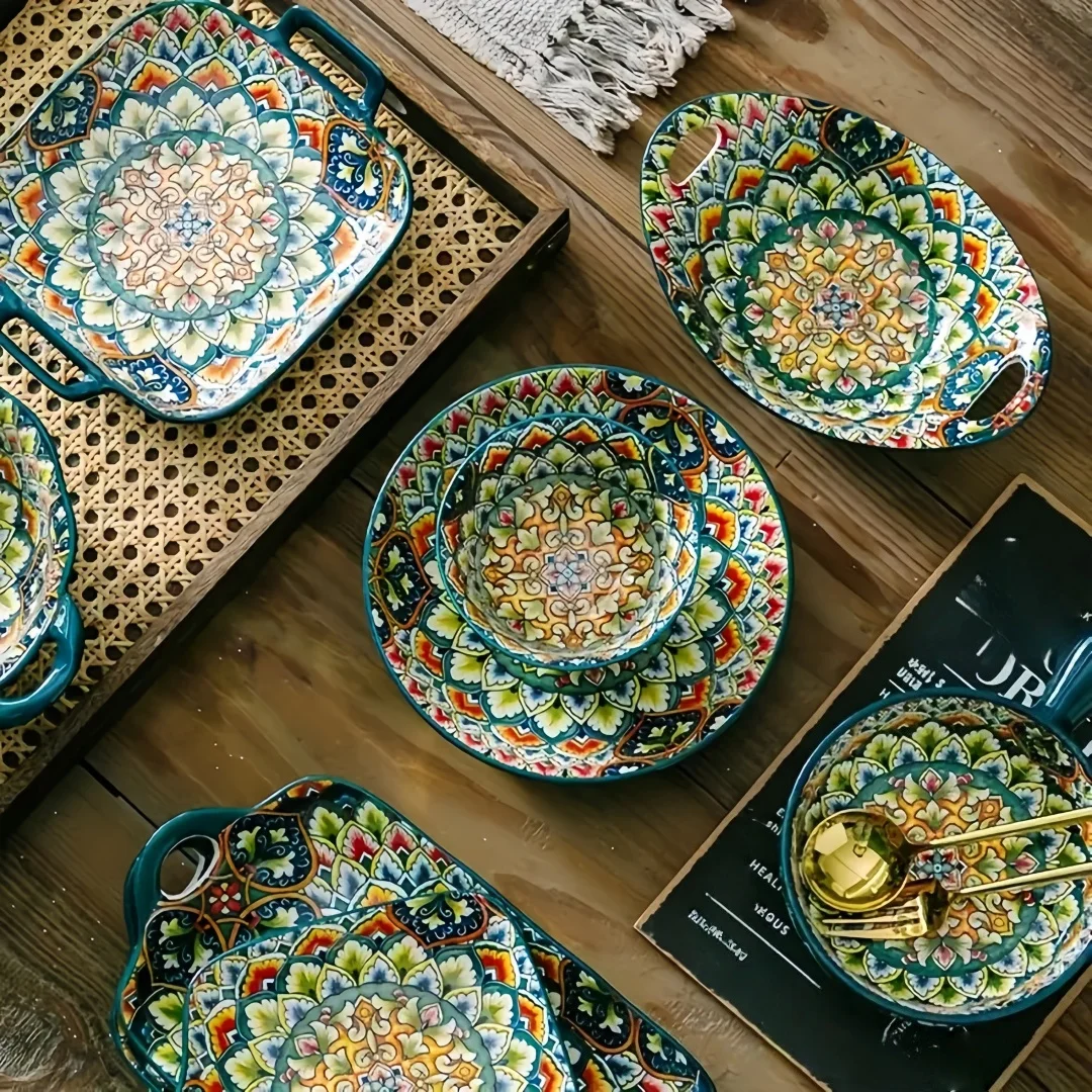 Böhmischer Keramikteller 7-teiliges Set grenzüberschreitender hochwertiger Teller Haushalt neuer Dessertteller unterglasierter Teller Spaghetti-Schüssel Image