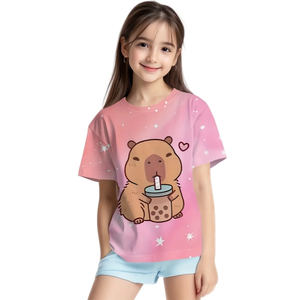 T-Shirts für Mädchen, modische Capybara-Kinderkleidung, Sommerkleidung für Mädchen, 7 bis 8 Jahre, Tops, süße Katze, bedruckte T-Shirts, Kinder-T-Shirt Image