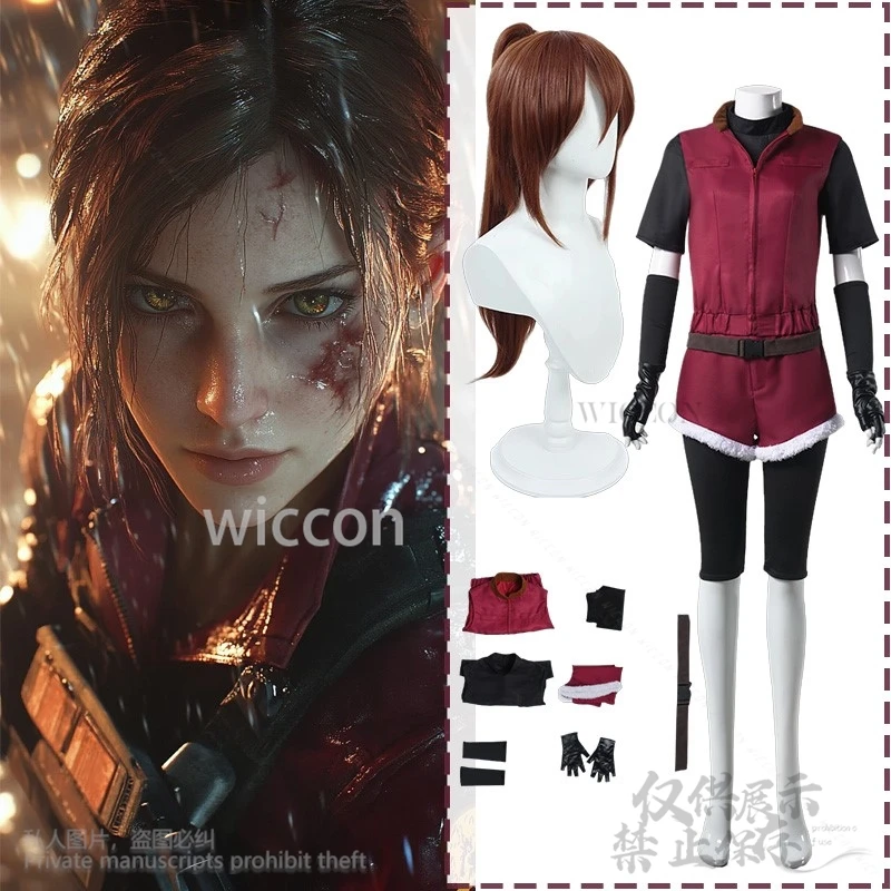 Anime Spiel Re2 1988 Cos Claire Redfield Kostüm Böse Overall Rot Uni m Shorts Perücken Halloween Weihnachten Cos Angepasst Image