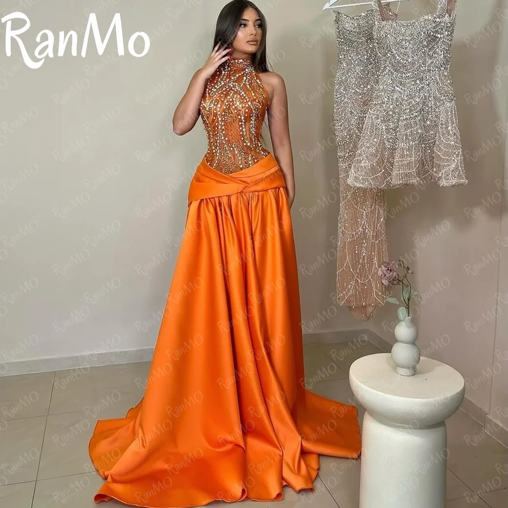 Ranmo Elegante Vintage Süße Sexy Neckholder Orange Meerjungfrau Perlen Kristall Maßgeschneiderte Formelle Anlässe Abendkleid Abend Party Kleider