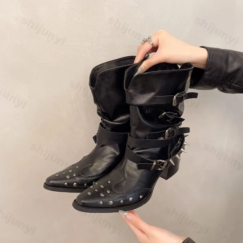 Damen Stiefeletten mit klobigem Absatz, spitzer Zehenbereich, kurze Stiefel, 2025, neue Herbstniete, Metallschnalle, Cowboystiefel, Damenschuhe, Botas Mujer