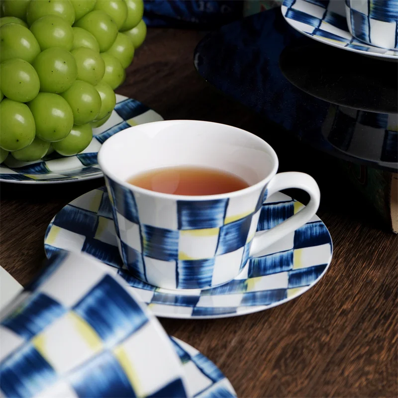 Bone China Ceramic Tea Coffee Cup and Saucer Set Blue White Checkered Vintage Nordic Style Household Afternoon Tea Cup
