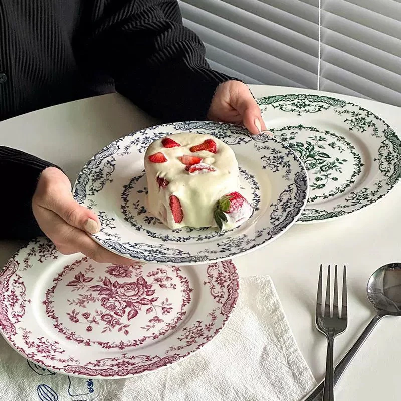 Französischer klassischer Keramik-Essteller mit Rosendruck, 20,3 cm/10 Zoll, westlicher Stil, Dim Sum, Dessert, Salat, Nachmittagstee, Haushaltsteller Image