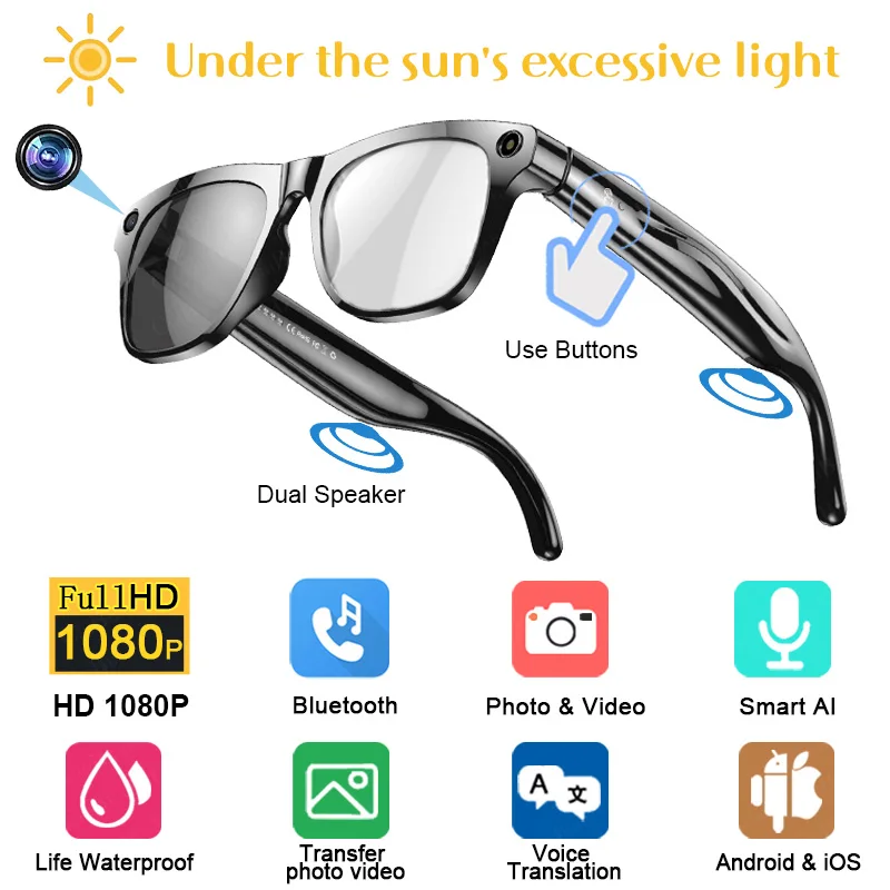 AI Smart Glasses 4K HD Photochrome Brille Videoaufzeichnung Drahtlose Bluetooth-Anrufbrille Sprachassistent Musikübersetzung Image