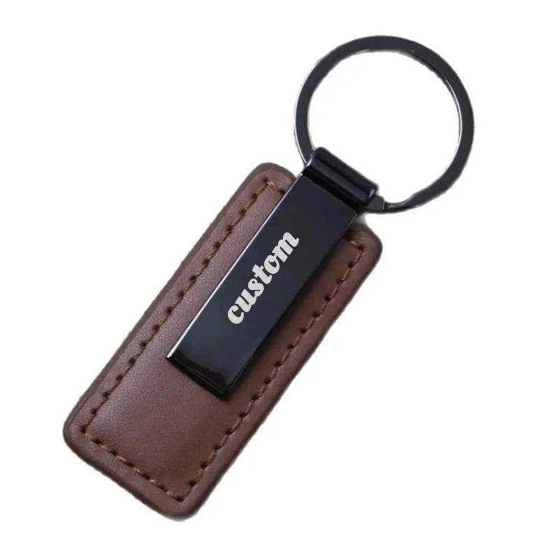 Benutzerdefinierte Name Nummer Rechteck Leder Schlüsselanhänger Schwarz Gold Silber Metall Schlüsselanhänger Paar Laser personalisiertes Logo Auto Schlüsselanhänger Geschenk Image