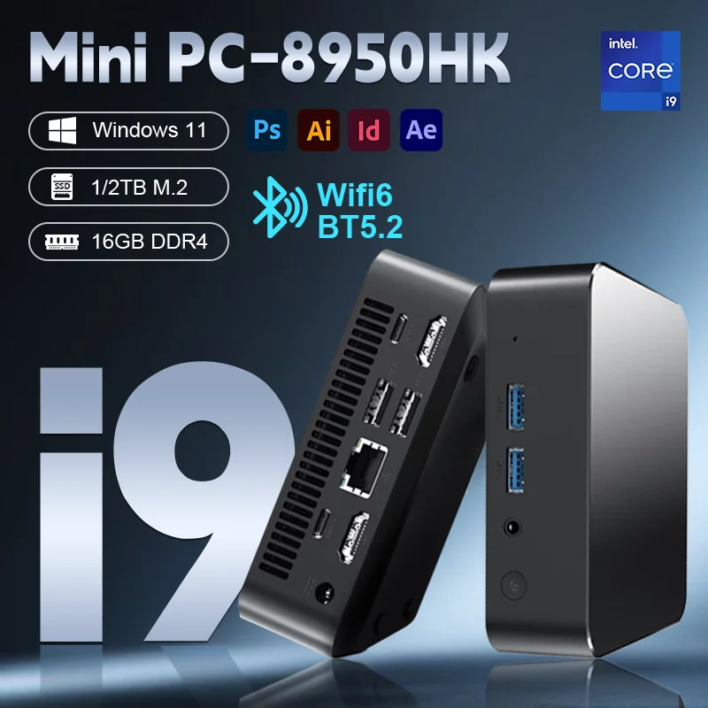 Mini PC portable Windows 11 Intel Core i9 8950HK, PC Windows 11 Pro, Intel UHD Graphics, Ethernet 10/100/1000 Mbps, ordinateur de bureau