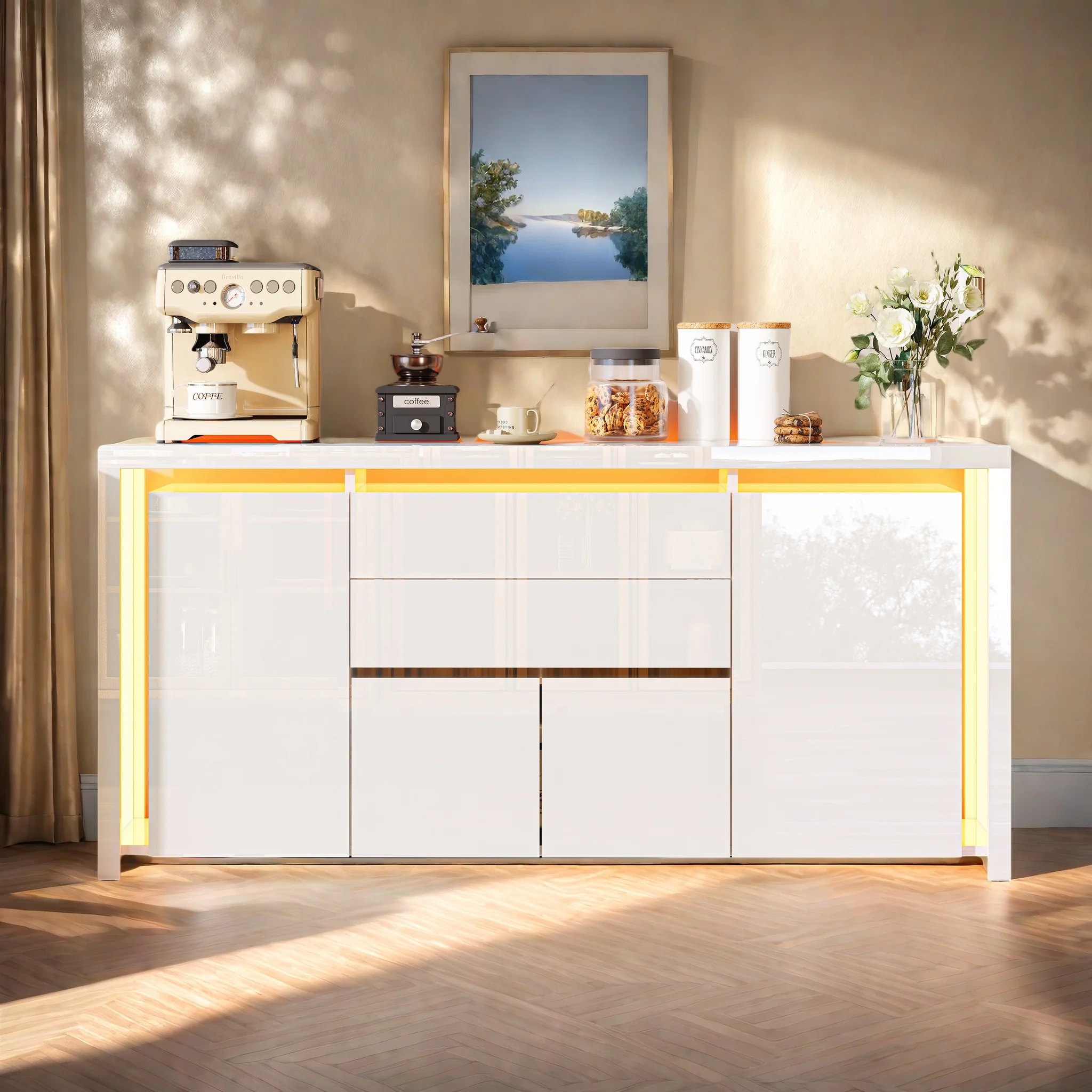 Buffet, meuble TV, avec éclairage LED, 4 portes, 2 tiroirs, table d'appoint, meuble de rangement, meuble a tiroir, blanc