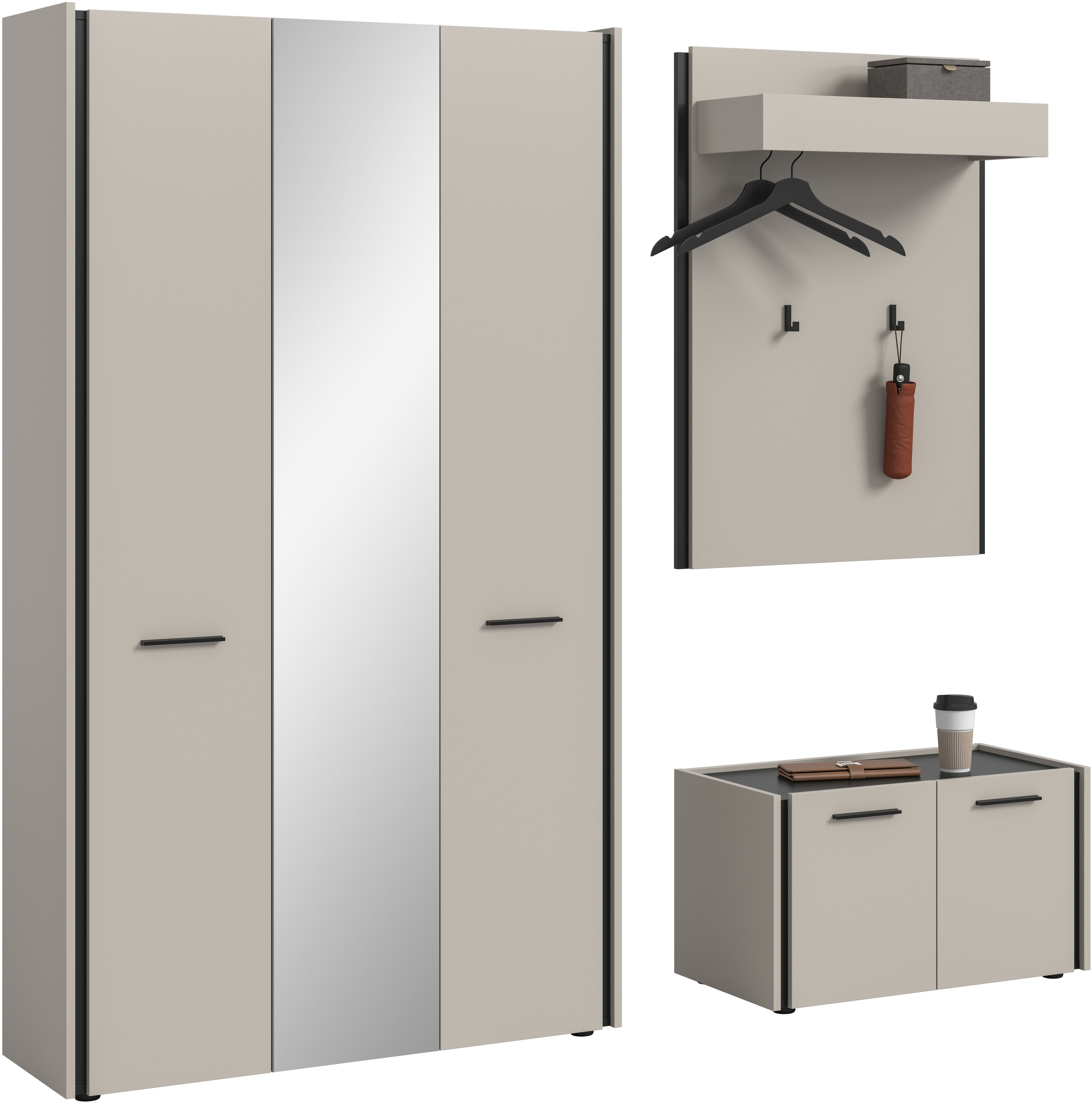Garderoben-Set HOME AFFAIRE "RAK, 3-teilige Garderoben-Kombination, Breite ca.197 cm", kaschmir, schwarz, B:197cm H:190cm T:40cm, Holzwerkstoff, Kastenmöbel-Sets, Garderobenkombination, Kombination, Set, Flurgarderobe, Diele
