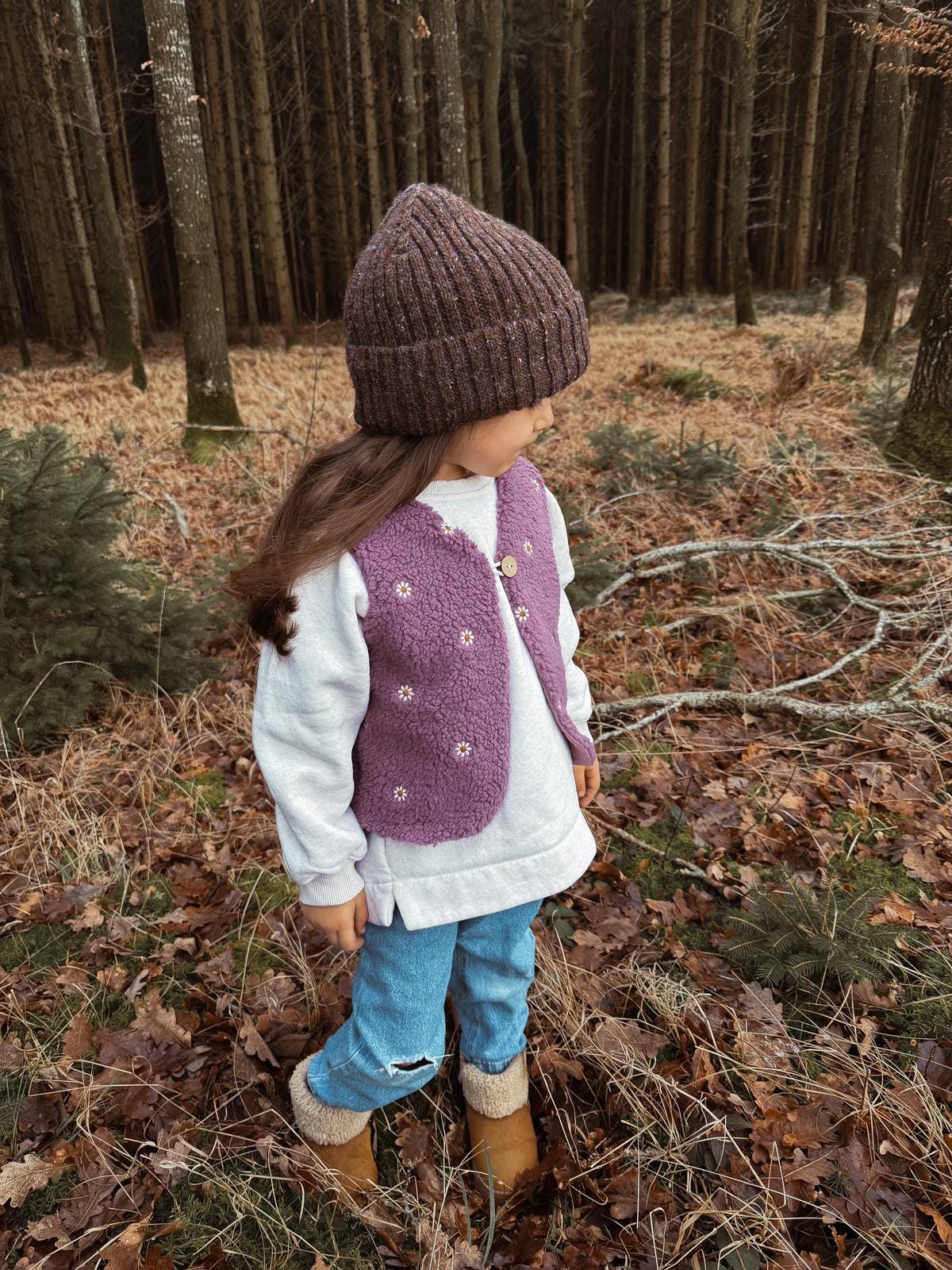 Kinder Weste Teddy Boucle | Kuschelweste Teddy mit Gänseblümchen lila | Mädchen Weste Frühling | Warme Weste Größenauswahl Gr 74-146