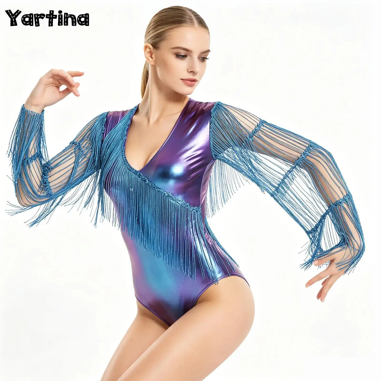 Justaucorps de danse pour femmes, gymnastique, ballet, jazz, costume métallique brillant à franges, combinaison à sequins, combinaison moulante, tenue de rave, vêtements de club