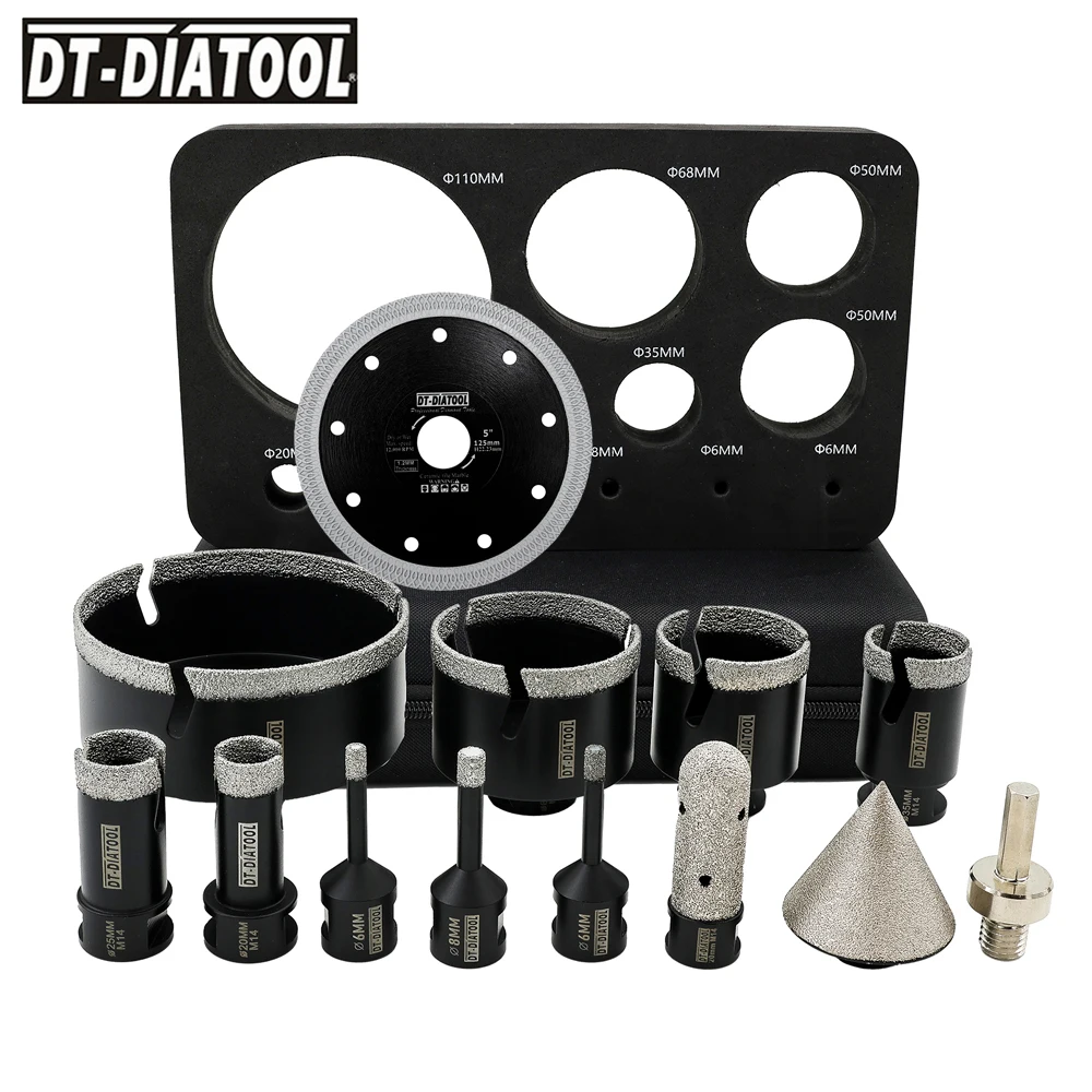 Set di Punte per Trapano DT-DIATOOL - Kit per Fori su Piastrelle con Filettatura M14, Disco da Taglio 125mm per Porcellana, Ceramica, Marmo e Granito