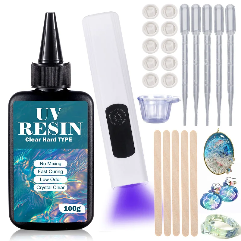 Kit in resina UV con luce di tipo duro aggiornato, resina UV per polimerizzazione ultravioletta cristallina, per creazione di gioielli fai da te, fusione di stampi