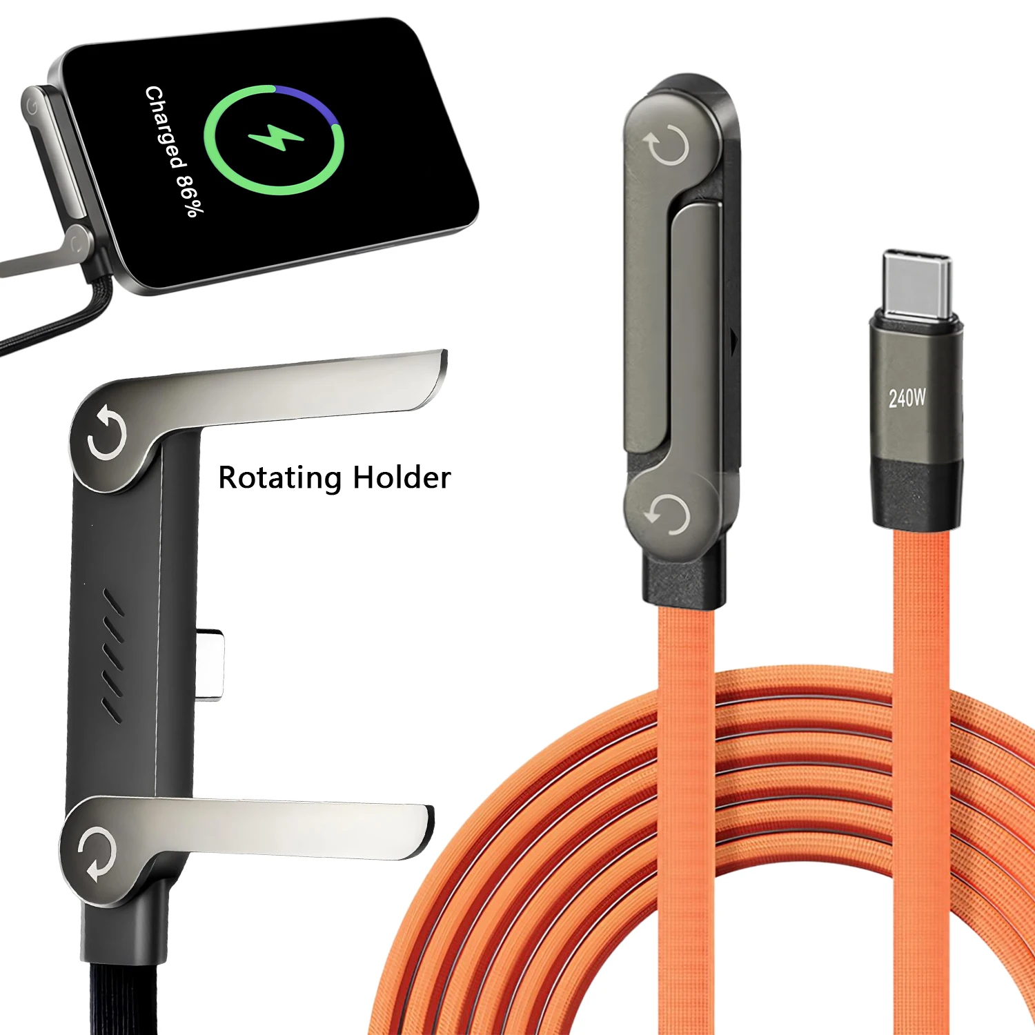 Cavo Type-C 2-IN-1 pieghevole con supporto per cellulare, ricarica rapida 240W, cavo dati multifunzione, supporto di ricarica per telefono, cavo doppio PD