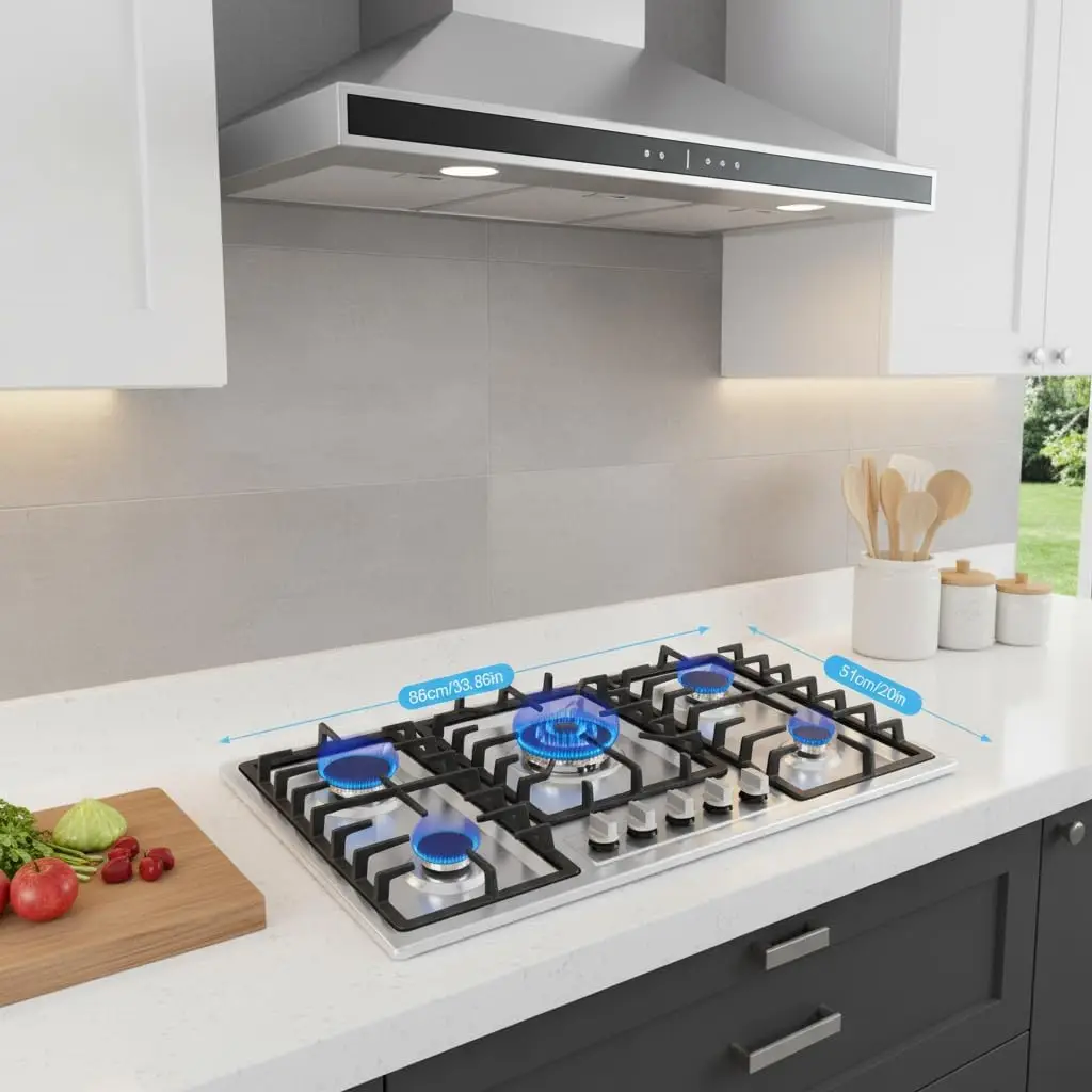 Piano Cottura a Gas a 5 Fuochi, Piano Cottura a Gas da Incasso a 5 Zone in Acciaio Inox, Fornello a Gas da Incasso per Gas Naturale e Gas Propano