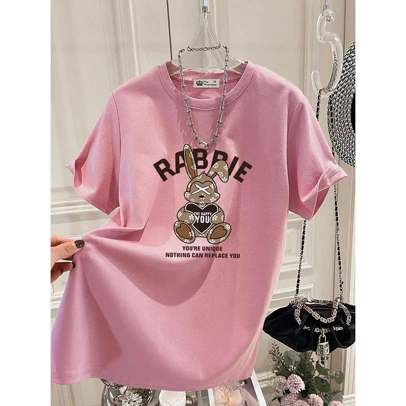 Frauen Kleidung Mode Cartoon Kaninchen Druck T-shirt Sommer Beiläufige Lose Reine Baumwolle Kurzarm Top T Dame Alle-spiel pullover Image