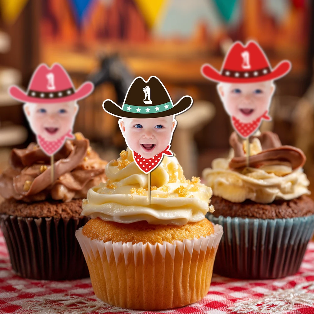 6/12 Stück benutzerdefinierte Western Cowboy Mottoparty Gesicht Foto Kuchen Topper Western Cowboy Cowgirl Mottopf Geburtstag Party Dekorationen Image