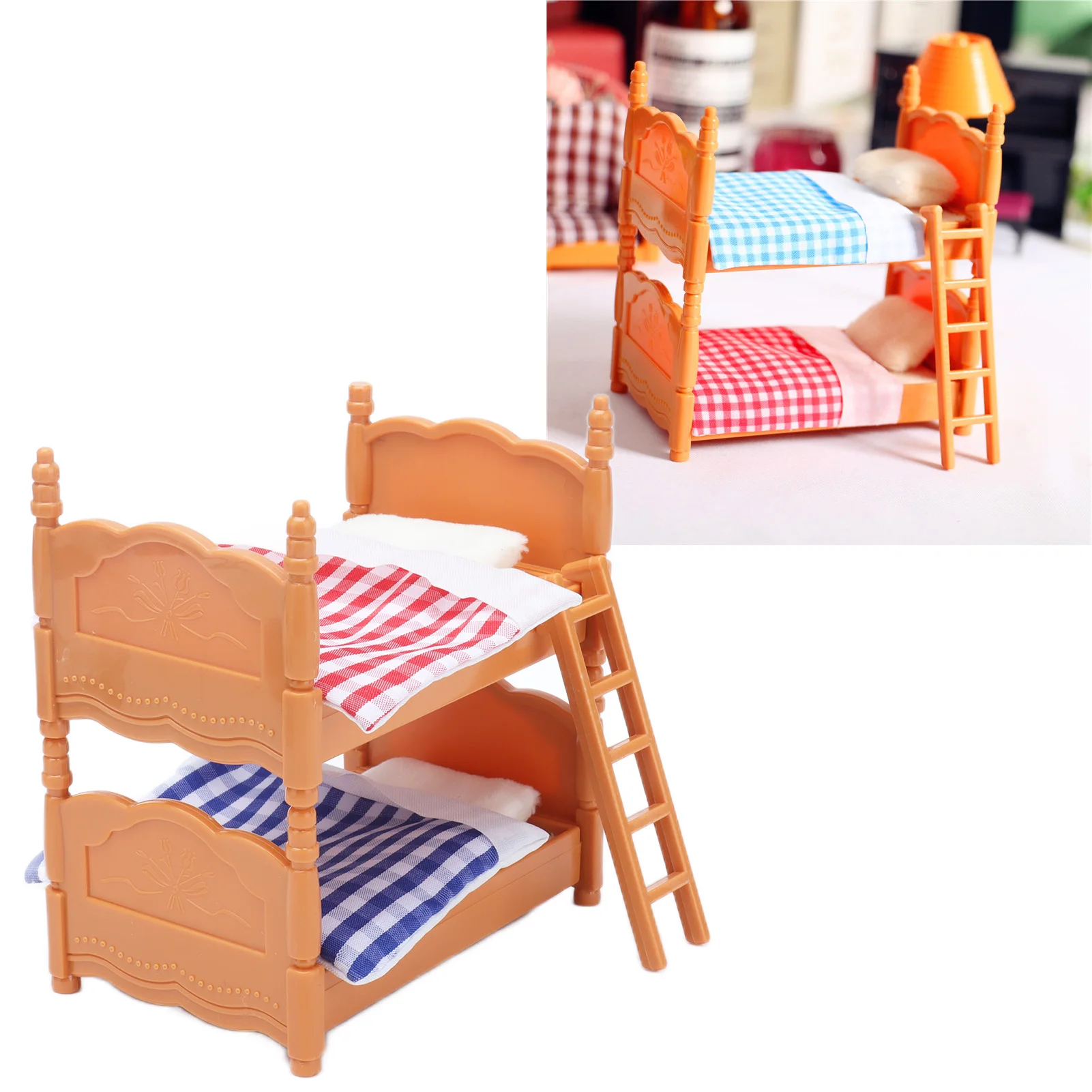 Puppen-Etagenbett mit Leiter, Puppen-Etagenbett mit Leiter, Kunststoff, Miniatur-Puppenhaus, Doppelbett für Kinder, Geschenke, Puppenhaus-Etagenbett