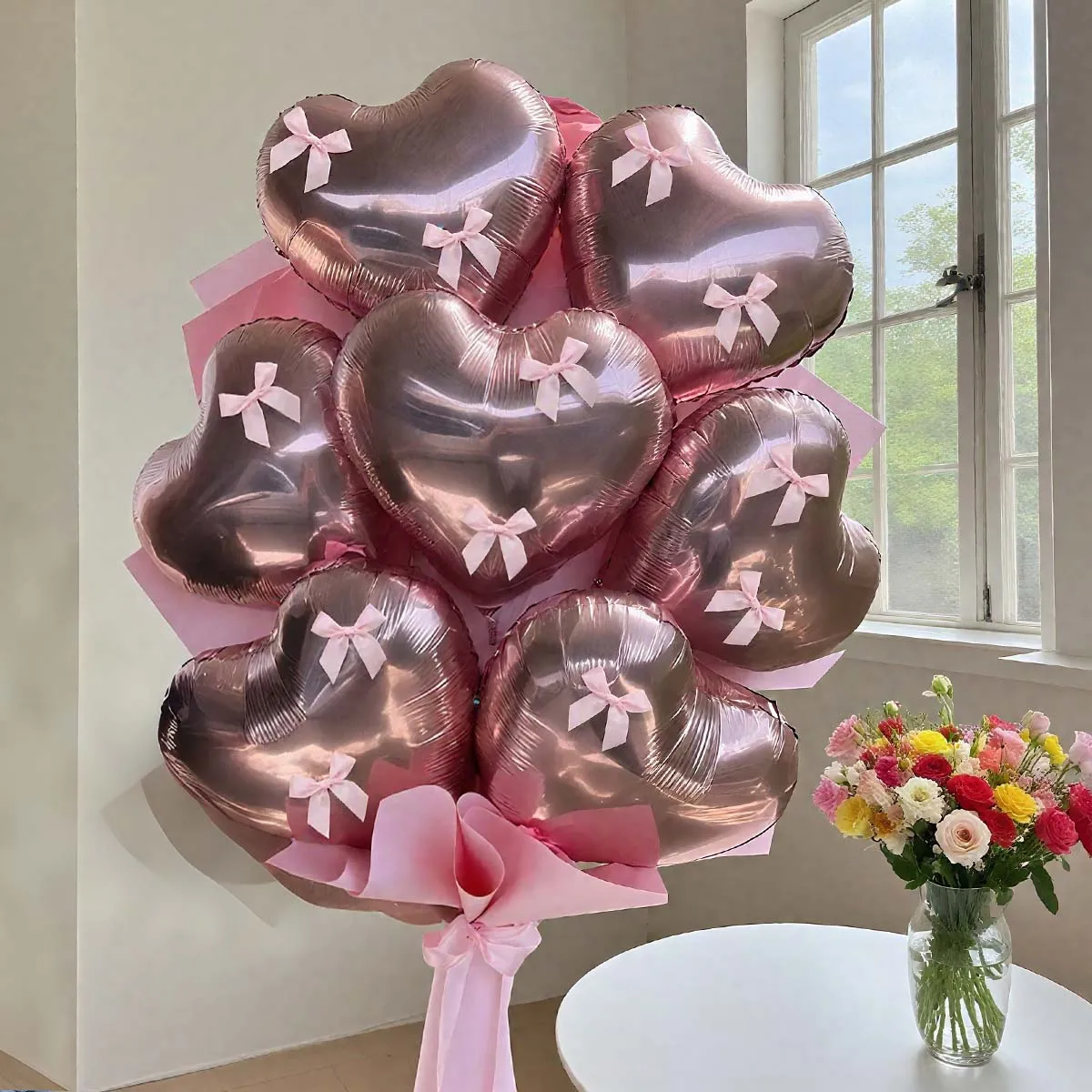 Rosa herzförmiges Ballon-Set aus Aluminiumfolie mit rosa Schleife für Hochzeitsdusche, Jubiläum, Geburtstagsfeier-Dekoration Image