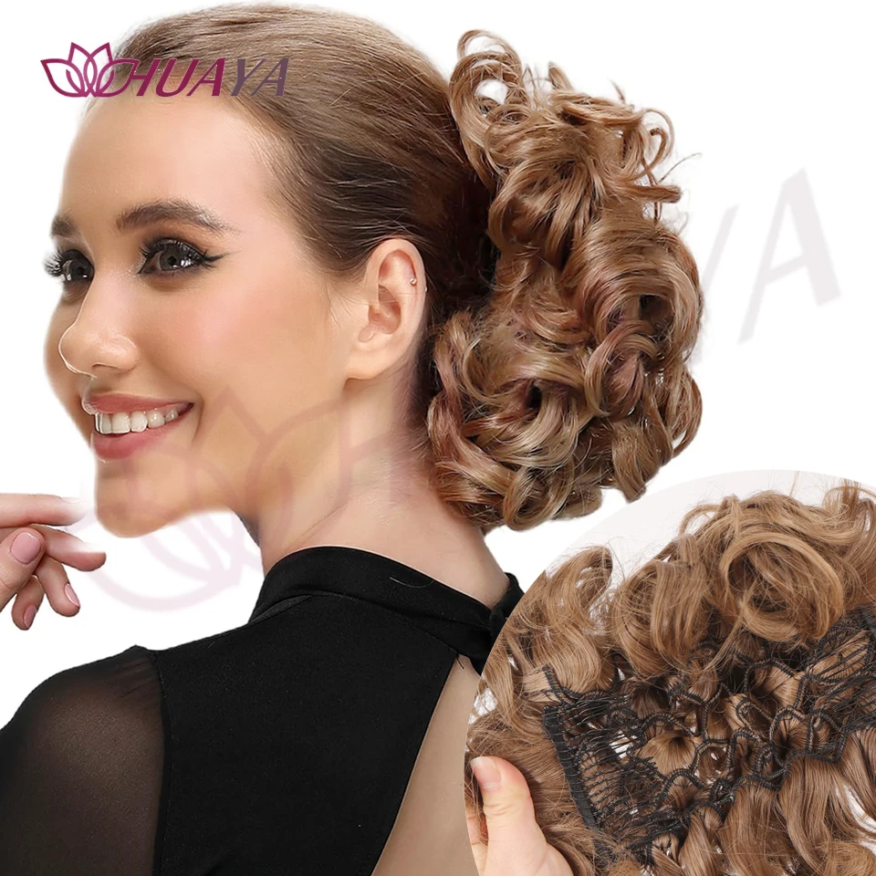 Synthetische unordentliche gewellte Chignon schwarz blond Haarknoten Haarteilverlängerung für Frauen Kunsthaar mit Kamm elastische Haarnadeln Image