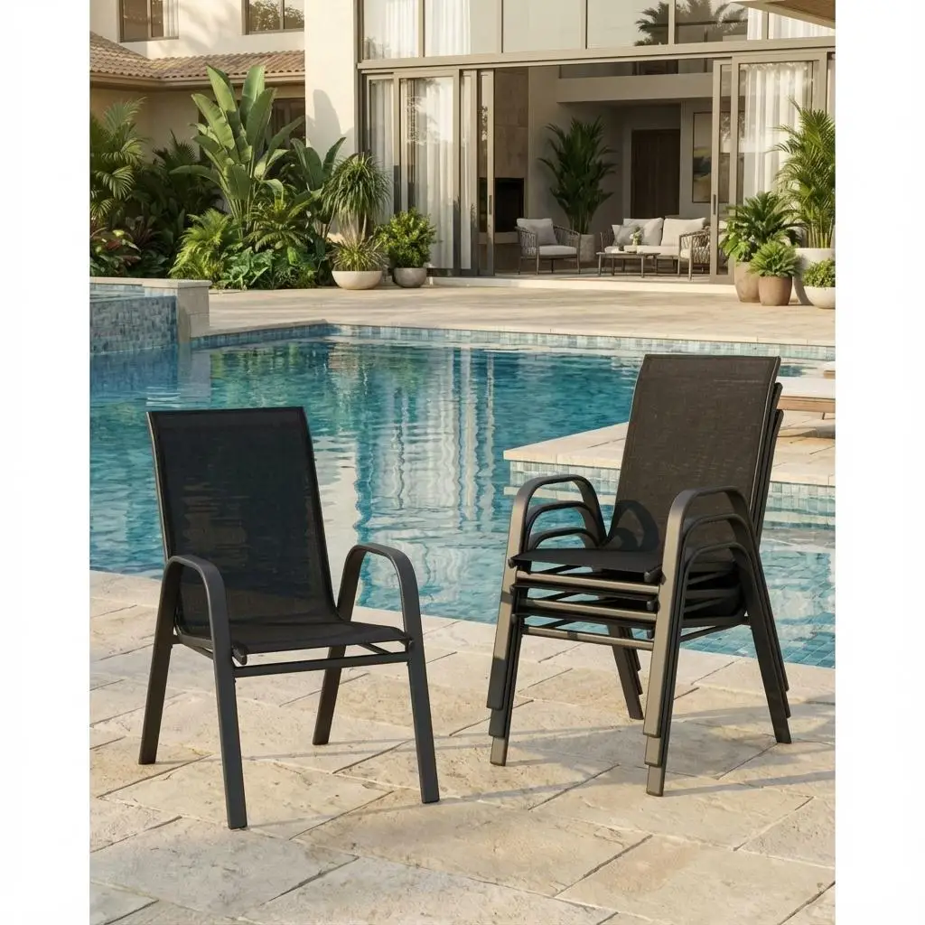 4er-Pack Gartenstühle, stapelbare Terrassenstühle mit Armlehnen – ergonomische Esszimmerstühle für den Außenbereich, Stahlrahmen für Terrasse, Balkon Image