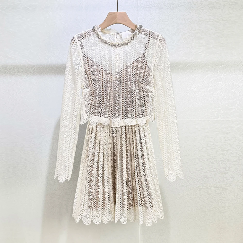 Mit Spitze verziertes, diamantbesetztes Damenkleid, leicht durchsichtiges, figurbetontes, langärmliges Kleid mit Rundhalsausschnitt, Frühling 2026, neu, Y2K Image