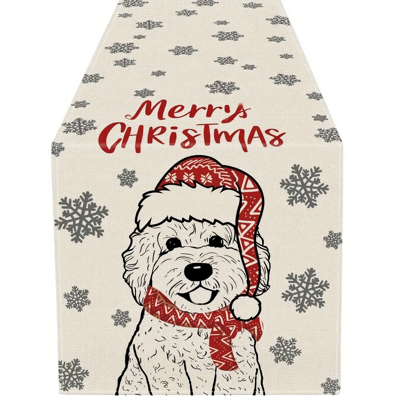 Polyester-Weihnachtshund-Tischläufer, beige Basis mit grauen Schneeflocken, roter Hut, Schal, Welpe, festliche Weihnachtsdekoration, warmer Urlaubs-Atmosphäre Image