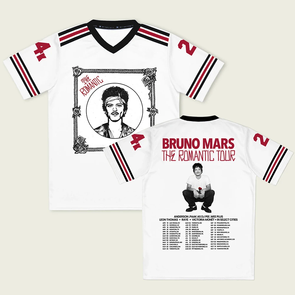 Unisex Streetwear Bruno Mars The Romantic Tour 2026 Jersey Kurzarm-T-Shirt mit V-Ausschnitt, lockeres Herren-T-Shirt, Sommer-T-Shirt mit 3D-Druck