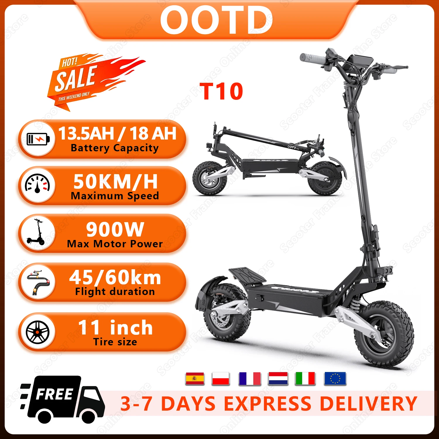 T10 Tragbarer E-Scooter 900 W Spitzenleistung 48 V 13,5/18 Ah Akku Elektroroller für Erwachsene 11 Zoll Offroad-Reifenscooter Elektro Image