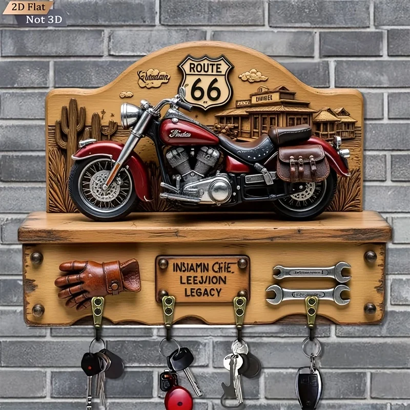 Ein 2D Retro-Motorrad-Schlüsselhaken mit Route 66-Motiv, aus Holz gefertigt mit mehreren Funktionen, inklusive vier Metallhaken, geeignet