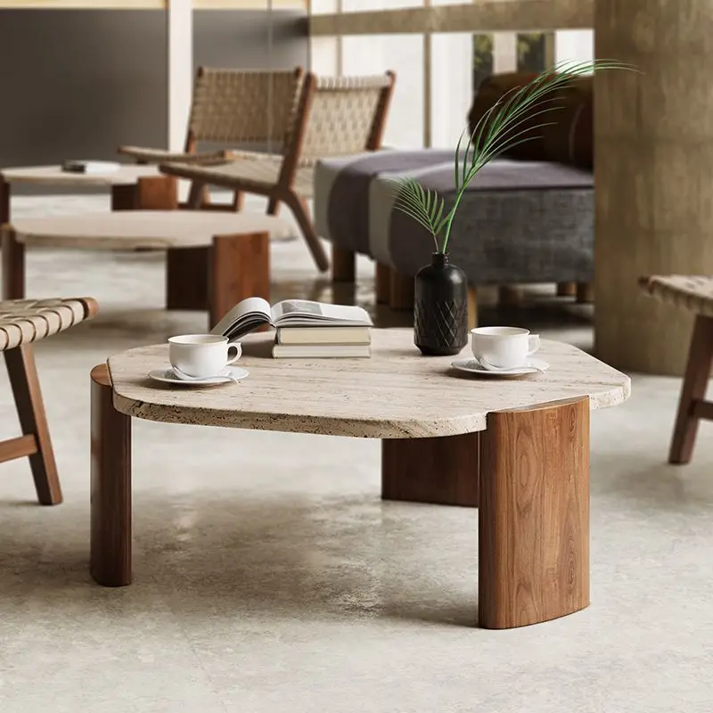 Wabi Sand Wind Luxuriöser Naturtravertin-Couchtisch Wohnzimmer Massivholz Walnuss Kurzer Teetisch Image