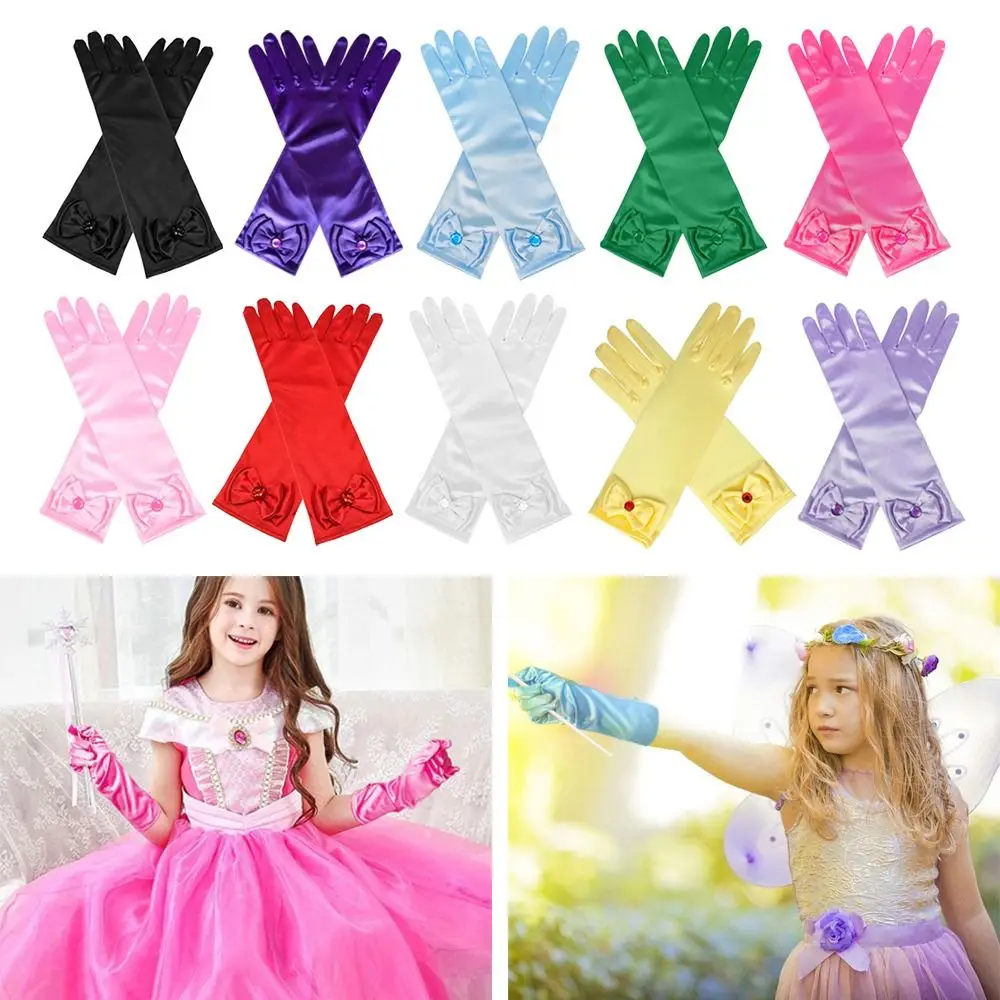 Kinder lange Handschuhe Prinzessin Tanz Performance Bühnen handschuhe Satin Pailletten Bogen Handschuh solide Voll finger Fäustlinge Geburtstags geschenke Image
