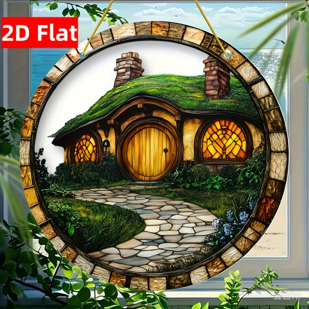 2D Flacher, 1-teiliger, runder Sonnenfänger im Waldhütten-Design – 20x20 cm Acryl-Fensterdekoration mit lebendigem 2D-Flachdruck, für Innen- und Außenwände Image