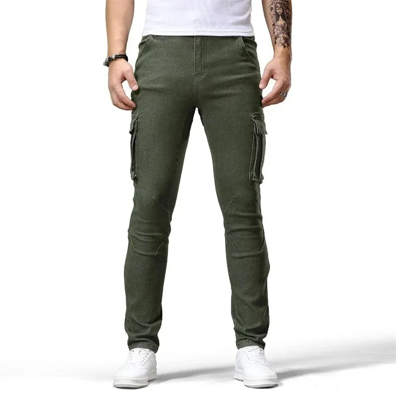 Eng anliegende elastische Cargo-Jeans für Herren mit großen Taschen, modische Slim-Fit Hip-Hop Biker-Denim-Hose, lange Herrenhose, lässige Pencil-Jeans