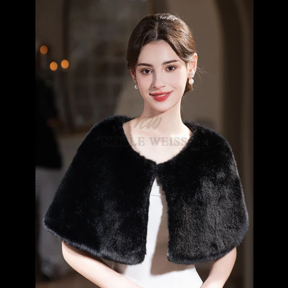 Schwarzer Hochzeitsschal Winter Warm Braut Bolero Abschlussball Party Wrap Party Cape Kunstpelz Top Maßgeschneidert Image