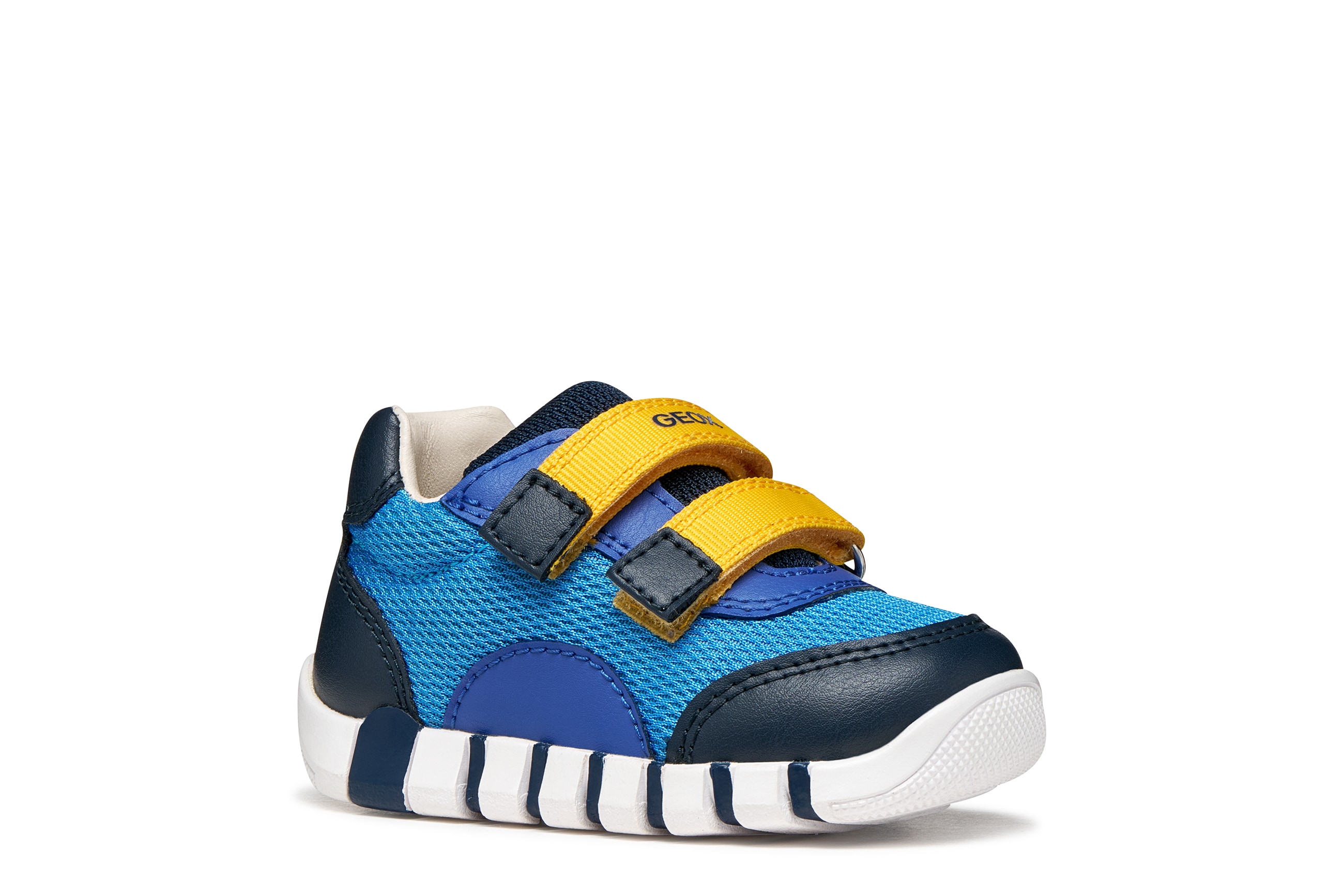 Lauflernschuh GEOX "B IUPIDOO BOY", Baby, Gr. 25, blau, Lederimitat, Mesh, Schuhe Lauflernschuh, Babyschuh mit Logoschriftzug, Größenschablone zum Download