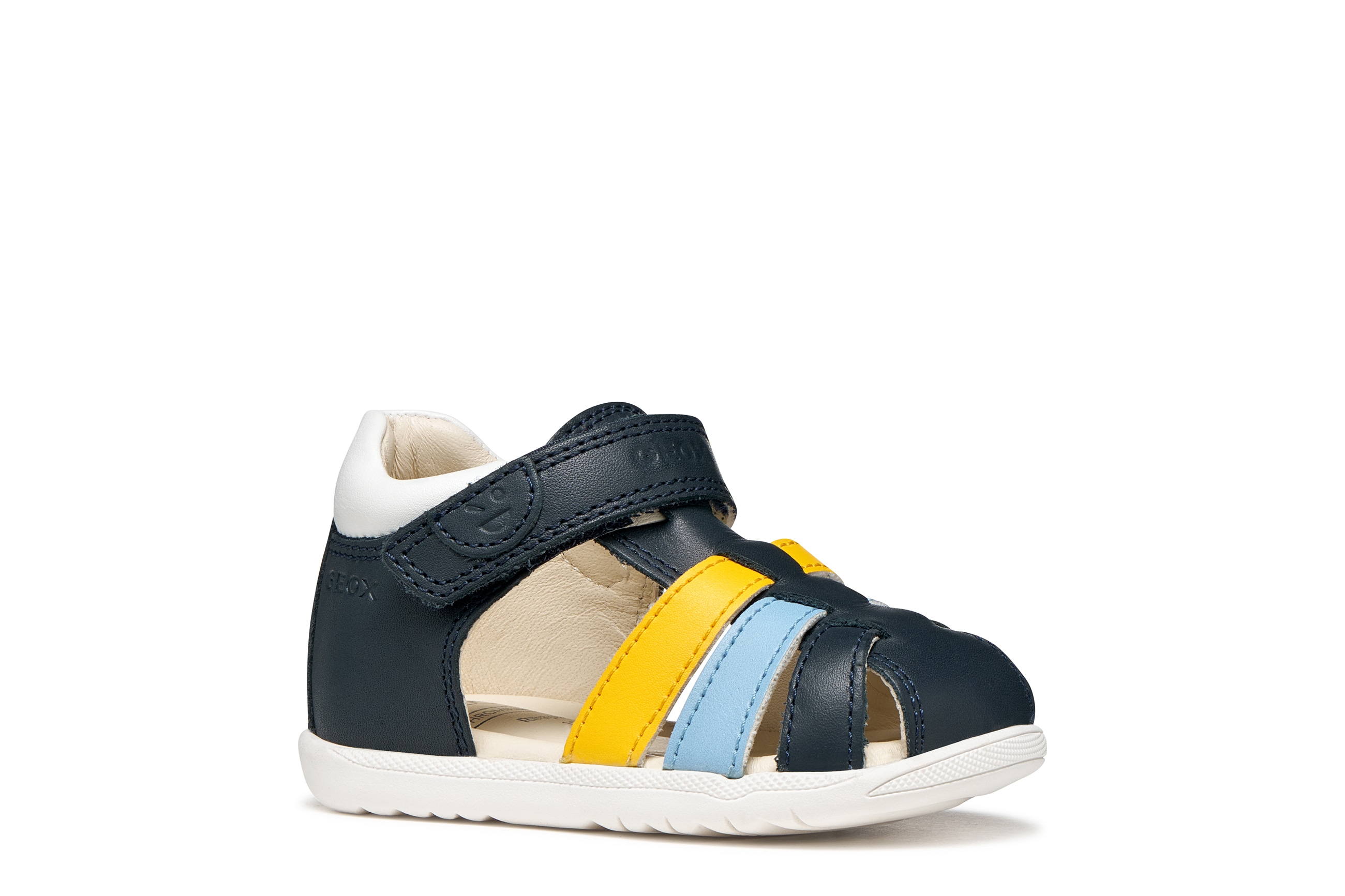 Lauflernschuh GEOX "B SANDAL MACCHIA BOY", Baby, Gr. 22, navy, gelb, Leder, Lederimitat, Schuhe Lauflernschuh, Babyschuh, Kontrast-Riemchen, Größenschablone zum Download