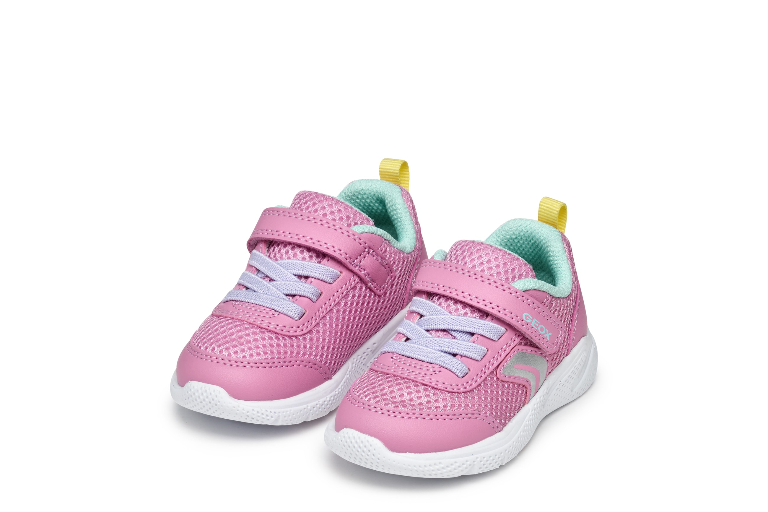 Lauflernschuh GEOX "B SPRINTYE GIRL", Baby, Gr. 22, rosa, hellblau, Lederimitat, Mesh, Schuhe Lauflernschuh, Babyschuh mit elastischen Schnürsenkeln, Größenschablone zum Download