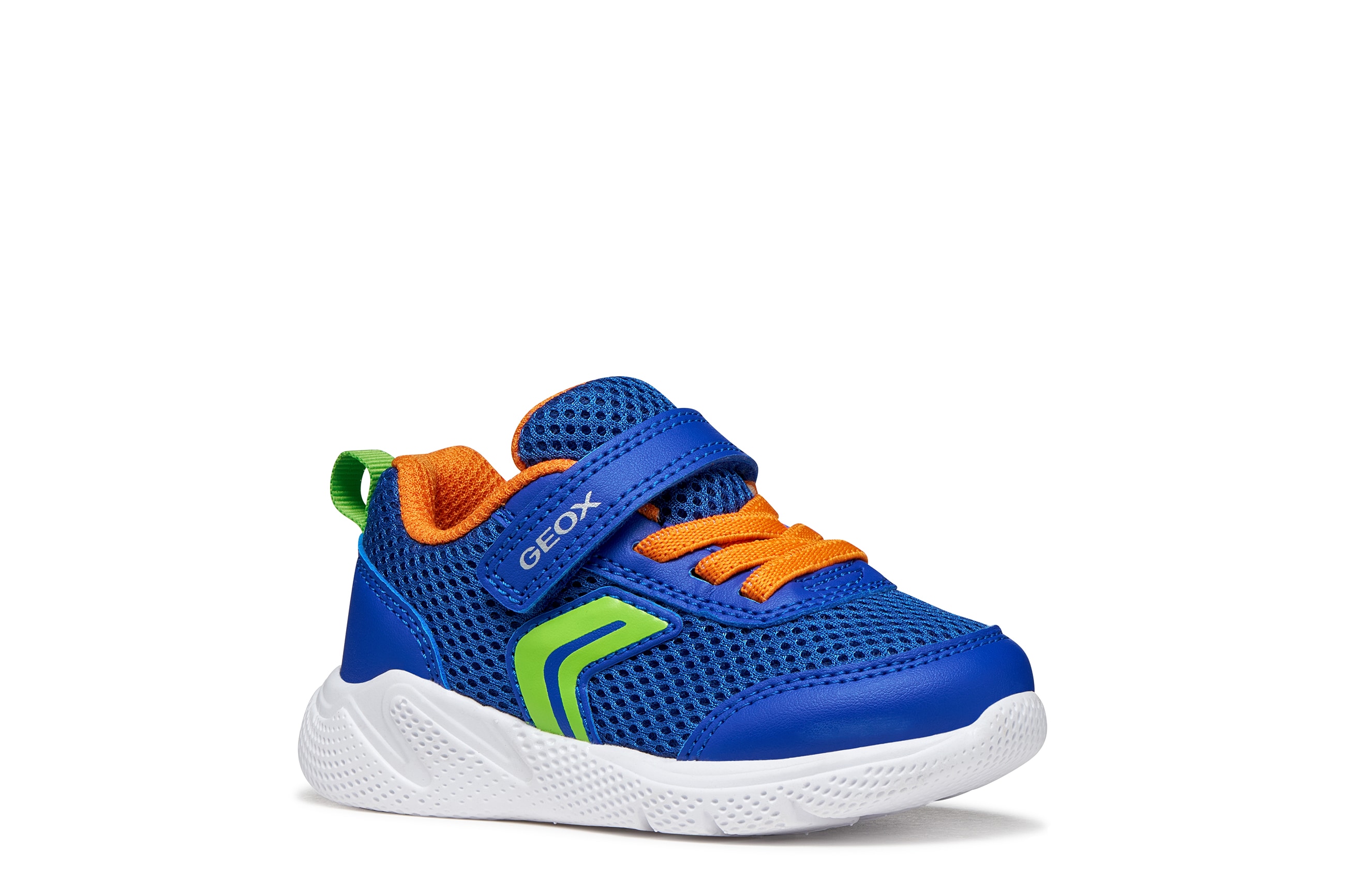 Lauflernschuh GEOX "B SPRINTYE BOY", Baby, Gr. 24, blau, orange, Lederimitat, Mesh, Schuhe Lauflernschuh, Babyschuh mit farbenfrohen Besätzen, Größenschablone zum Download