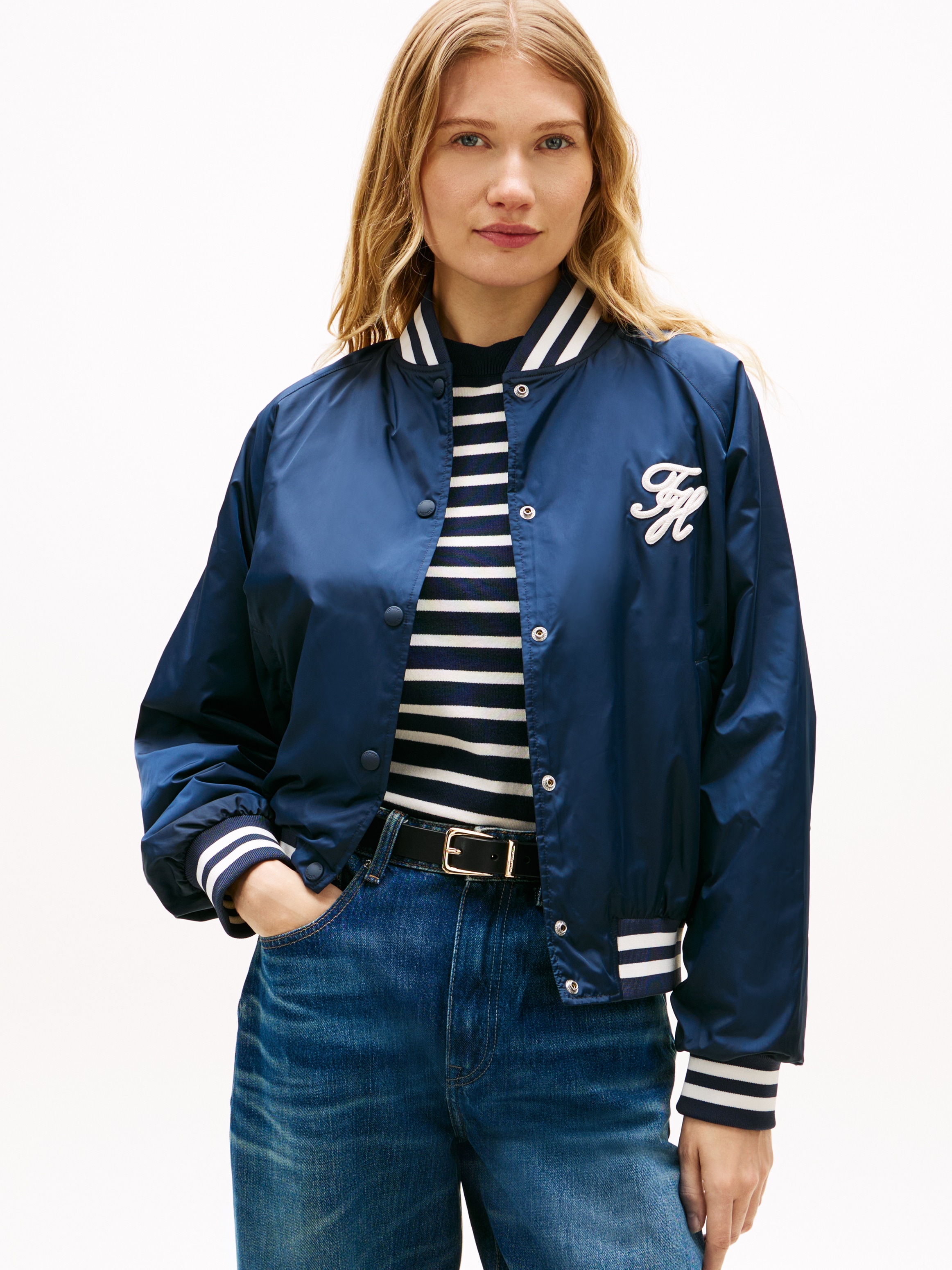 Bomberjacke TOMMY HILFIGER "VARSITY NYLON BOMBER", Damen, Gr. S (36/38), schwarz night navy, Web, Obermaterial: 100% Polyester, unifarben, bequem normal, Jacken Bomberjacke, mit Tommy Hilfiger-Branding